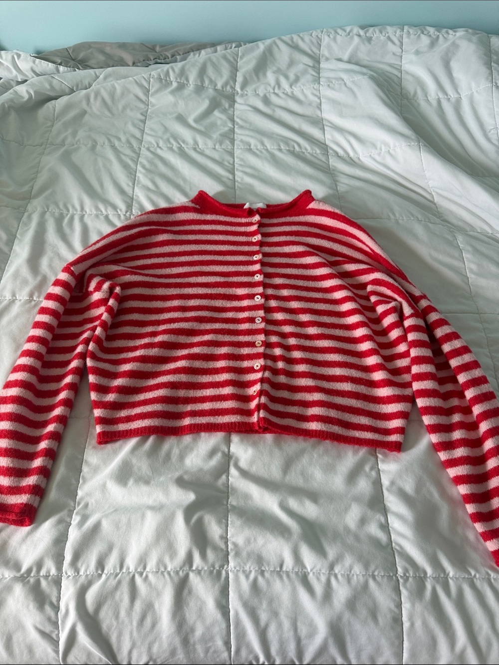Red and White Striped Button-Front Women's Sweater